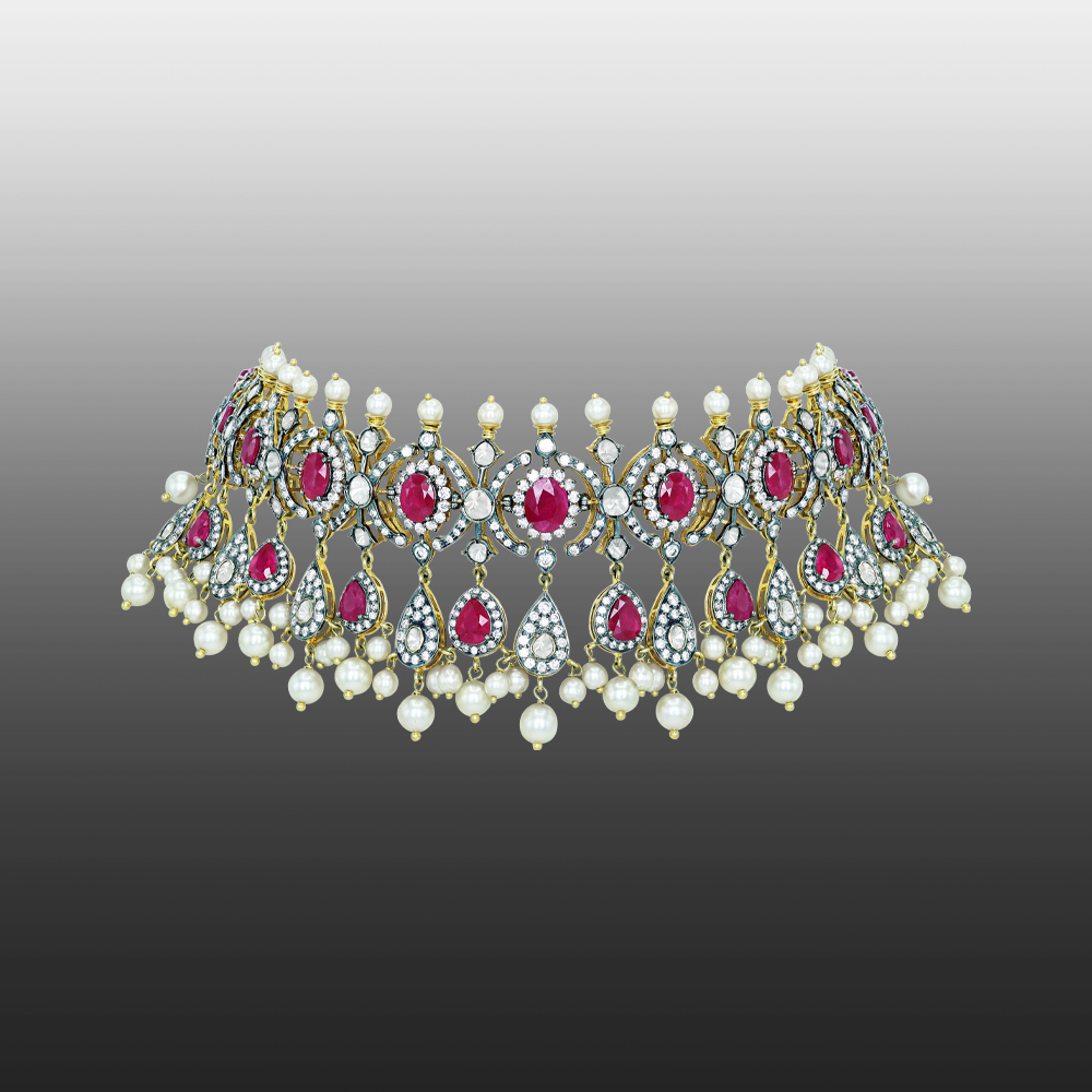 Antique-Finish Choker with Ruby, Diamonds, Polki Clusters, and Pearl Drops
